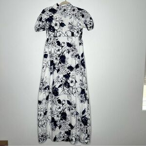 Vintage 70's Floral Blue White Maxi Dress Puff Sleeve Empire Waist Size 4/6